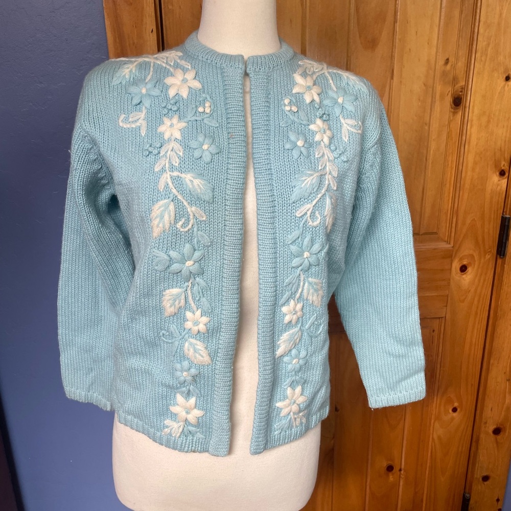 Vintage Blue and White Embroidered Cardigan Sweater